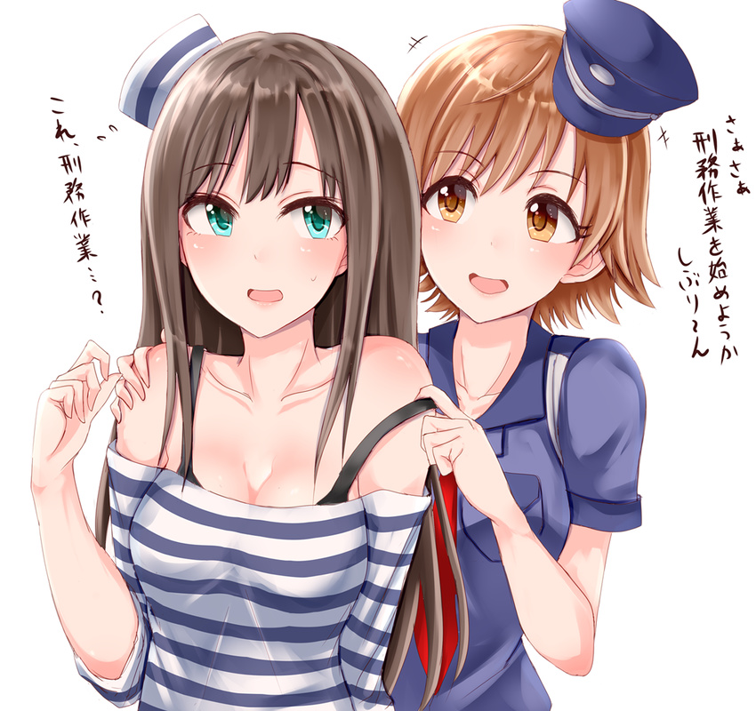 2girls :d assisted_exposure bangs bare_shoulders blue_hat blush bra_strap breast_pocket breasts brown_eyes brown_hair cleavage collarbone commentary_request eyebrows_visible_through_hair green_eyes hand_on_another's_shoulder hat highres honda_mio idolmaster idolmaster_cinderella_girls idolmaster_cinderella_girls_starlight_stage light_brown_hair long_hair long_sleeves medium_breasts multiple_girls necktie off-shoulder_shirt open_mouth pocket police police_hat police_uniform prison_clothes pulled_by_another red_neckwear shibuya_rin shirt shirushiru_(saitou888) short_hair short_sleeves simple_background sleeves_pushed_up smile strap_pull striped striped_shirt sweat tareme translation_request uniform upper_body white_background yuri