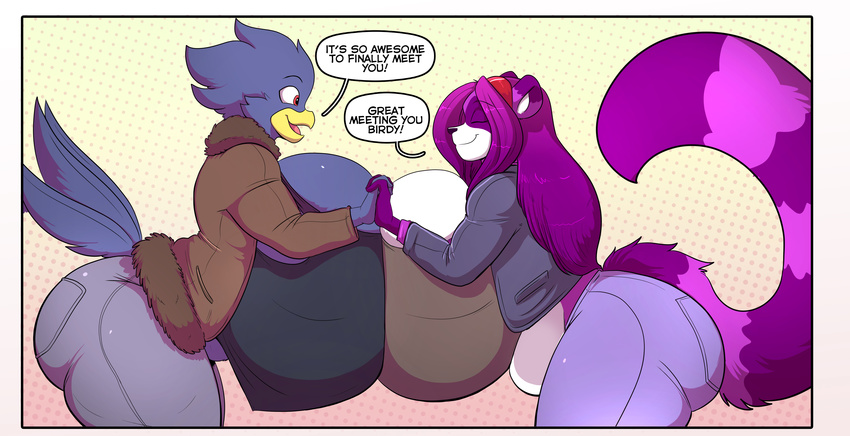 2016 absurd_res anthro avian beak big_breasts bird black_feathers black_nose breast_squish breasts breasts_frottage busty_bird clothed clothing corvid crow dialogue duo english_text eyes_closed feathers female hair hand_holding hi_res huge_breasts hyper hyper_breasts jaeh long_hair mammal non-mammal_breasts open_beak open_mouth procyonid purple_hair raccoon red_eyes shina_(daigo) slightly_chubby smile text wide_hips