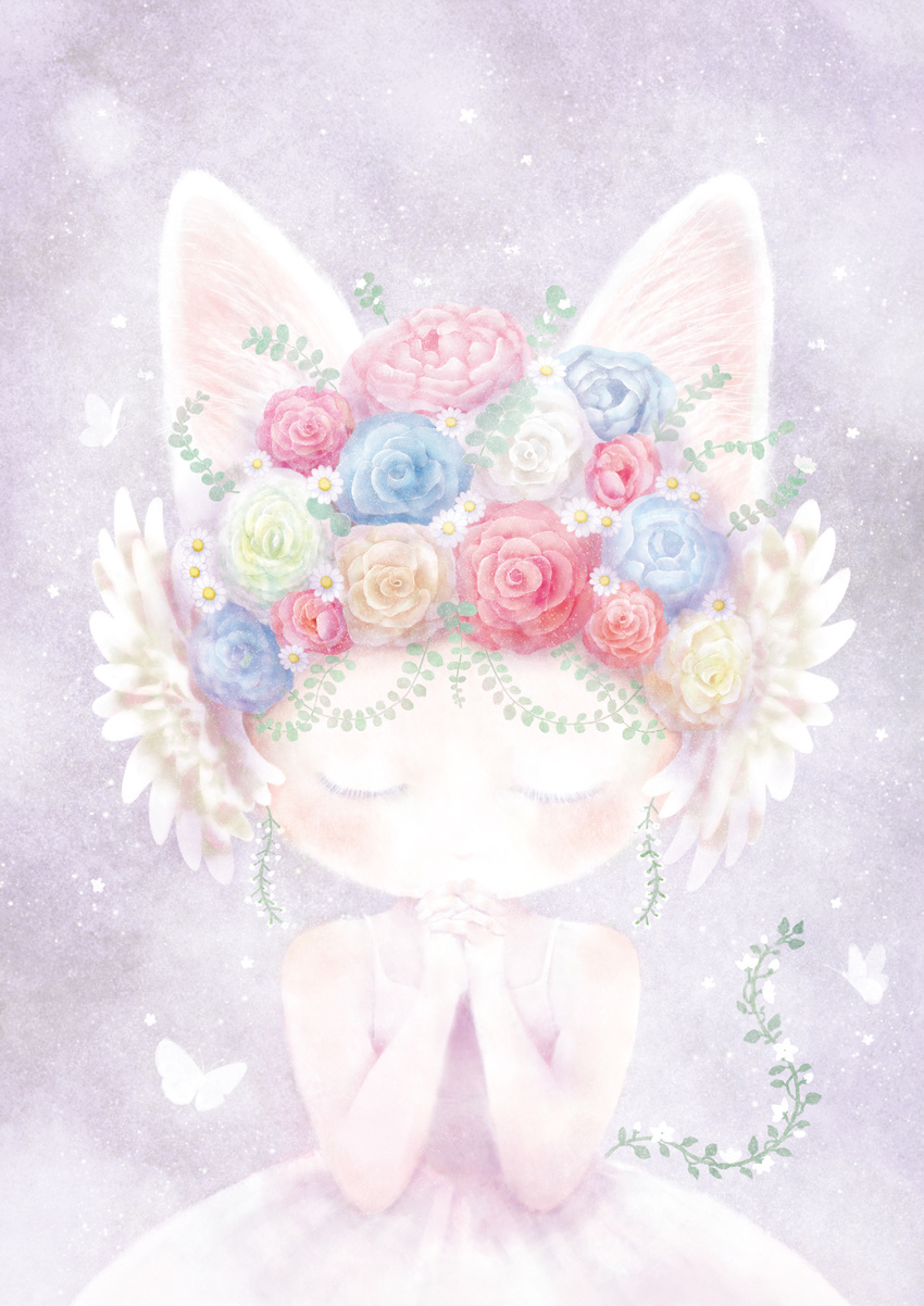 animal_ears bare_arms bare_shoulders blue_flower blue_rose blush bug butterfly cat_ears closed_eyes commentary dress flower hair_flower hair_ornament hands_clasped highres insect interlocked_fingers miya_(miyabio) original own_hands_together praying red_flower red_rose rose solo white_dress white_flower white_rose yellow_flower yellow_rose