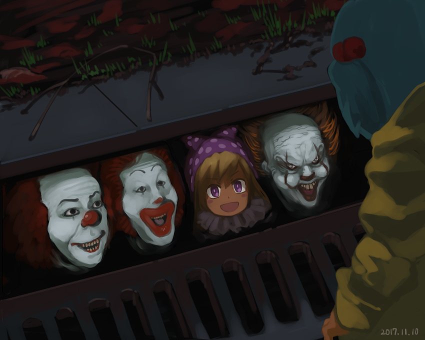 3boys blonde_hair blue_hair clown clownpiece dated dual_persona evil_grin evil_smile from_above grass grin hair_bobbles hair_ornament hat highres it_(stephen_king) jester_cap kawashiro_nitori makeup mcdonald's multiple_boys multiple_girls neck_ruff okbnkn open_mouth orange_hair outdoors parody pennywise polka_dot purple_eyes raincoat red_hair ronald_mcdonald smile storm_drain teeth touhou trait_connection