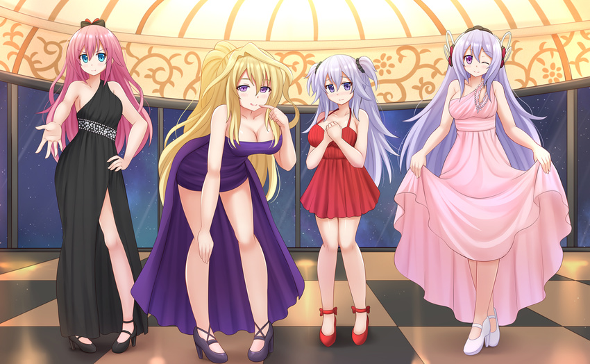 :q :t ;) bare_shoulders black_dress black_footwear black_scrunchie blonde_hair blue_eyes blush breasts checkered checkered_floor claudia_enfield cleavage collarbone commentary commission dress eyebrows_visible_through_hair full_body gakusen_toshi_asterisk hair_ornament hair_scrunchie hand_on_hip hand_on_own_knee hands_on_own_chest high_heels highres julis-alexia_von_riessfeld kazenokaze large_breasts lavender_hair leaning_forward long_dress long_hair looking_at_viewer multiple_girls one_eye_closed outstretched_arm pigeon-toed pink_dress pink_hair pointing pointing_at_self ponytail pout purple_dress purple_eyes red_dress red_footwear scrunchie side_slit single_strap skirt_hold smile sylvia_lyyneheym tongue tongue_out toudou_kirin two_side_up white_footwear window