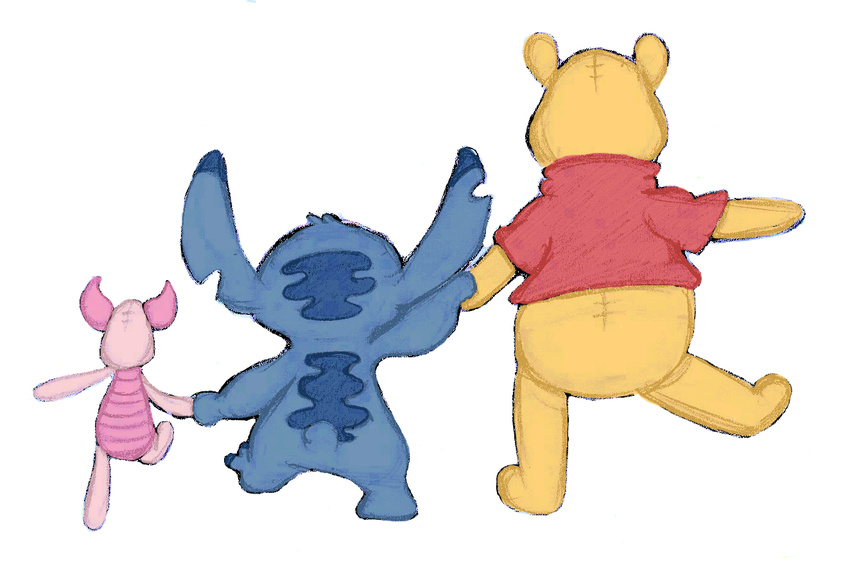 2012 alien alyssa_hamlet back_markings bear blue_fur bottomless clothed clothing colored_sketch disney experiment_(species) fur hand_holding head_tuft heartwarming lilo_and_stitch mammal markings notched_ear pig piglet pink_body pooh_bear porcine raised_leg rear_view red_shirt simple_background small_tail stitch stitches white_background winnie_the_pooh_(franchise) yellow_fur