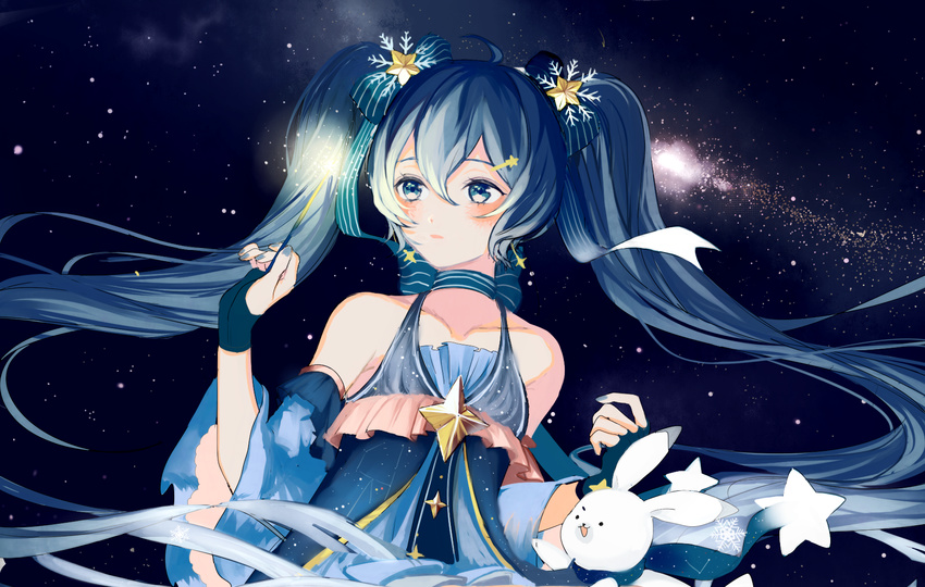 ahoge bangs blue_choker blue_dress blue_eyes blue_hair blue_nails blue_neckwear blush bunny choker closed_mouth detached_sleeves dress fingernails fireworks hair_between_eyes hair_ornament hairclip hand_up hatsune_miku highres long_hair looking_away looking_to_the_side nail_polish p2_(uxjzz) sparkler star starry_background twintails very_long_hair vocaloid yuki_miku yukine_(vocaloid)