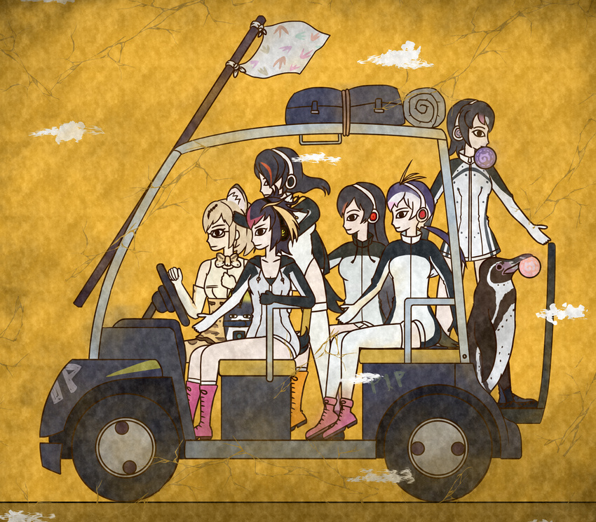 animal animal_ears bag bird black_hair car cat_ears commentary_request crack driving egyptian_art emperor_penguin_(kemono_friends) flag food food_in_mouth gentoo_penguin_(kemono_friends) glasses grape-kun ground_vehicle headphones highres humboldt_penguin humboldt_penguin_(kemono_friends) japari_bun kemono_friends kita_(7kita) long_hair lucky_beast_(kemono_friends) margay_(kemono_friends) motor_vehicle multicolored_hair multiple_girls penguin penguins_performance_project_(kemono_friends) profile rockhopper_penguin_(kemono_friends) royal_penguin_(kemono_friends) short_hair sitting yellow_background