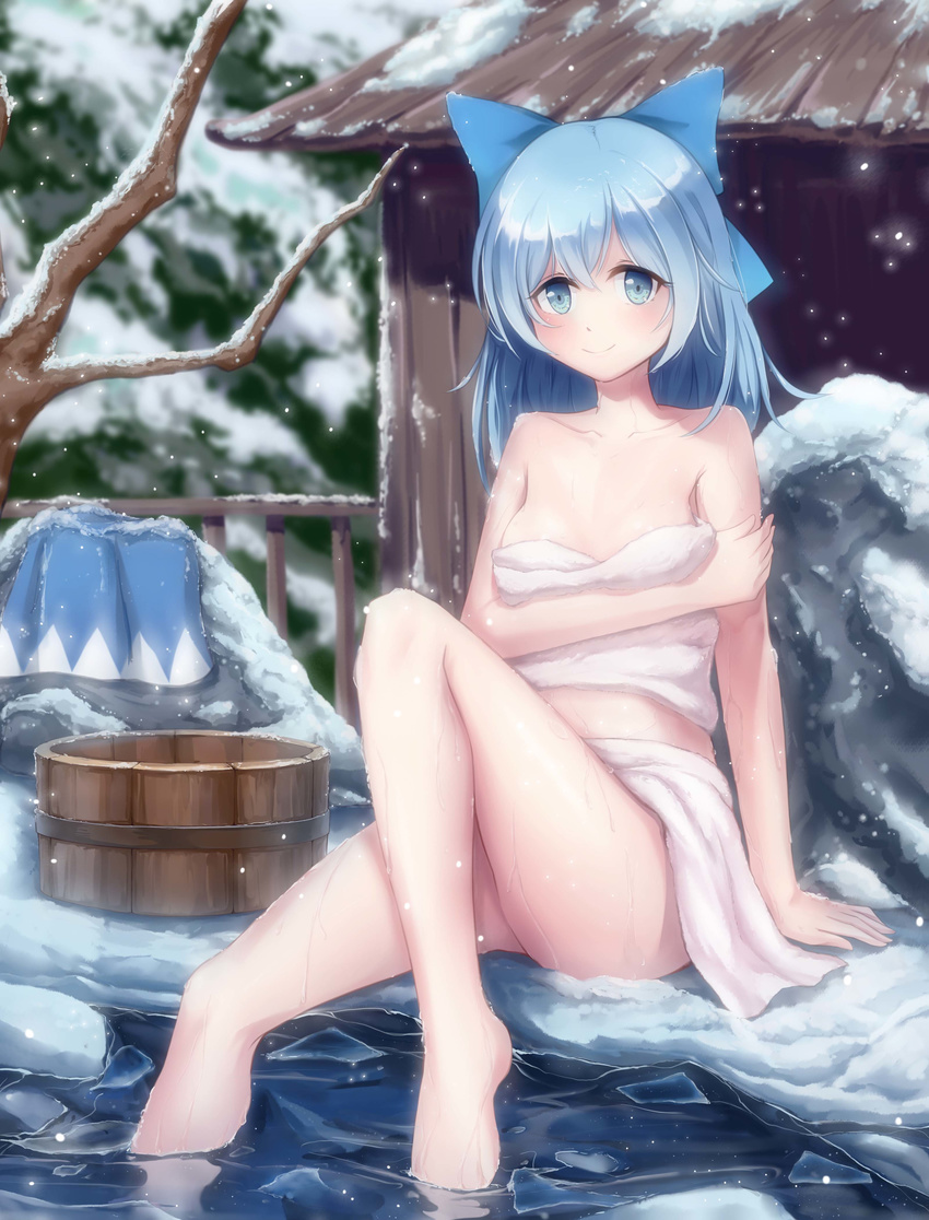 absurdres alternate_hair_length alternate_hairstyle blue_bow blue_eyes blue_hair bow breasts bucket cirno collarbone day hair_bow highres ice kuroneko_(hmilk) long_hair looking_at_viewer medium_hair naked_towel outdoors sitting skirt skirt_removed small_breasts smile snow snowing solo touhou towel wet