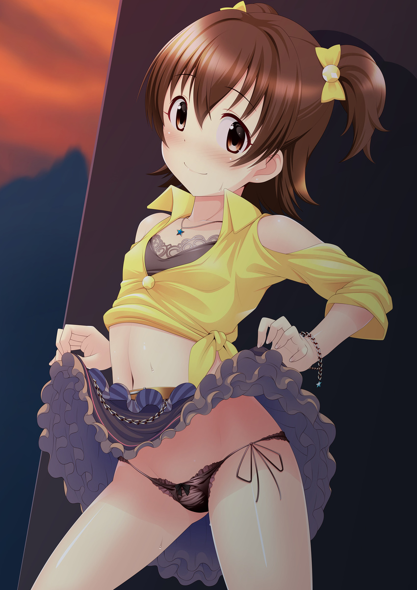 absurdres akagi_miria black_panties blush bow bow_panties brown_eyes brown_hair commentary_request frilled_skirt frills gyarakushi_shokudou highres idolmaster idolmaster_cinderella_girls jewelry lifted_by_self looking_at_viewer miniskirt navel necklace nose_blush panties shirt short_hair shoulder_cutout side-tie_panties skirt skirt_lift smile solo star star_necklace sweat tied_shirt two_side_up underwear