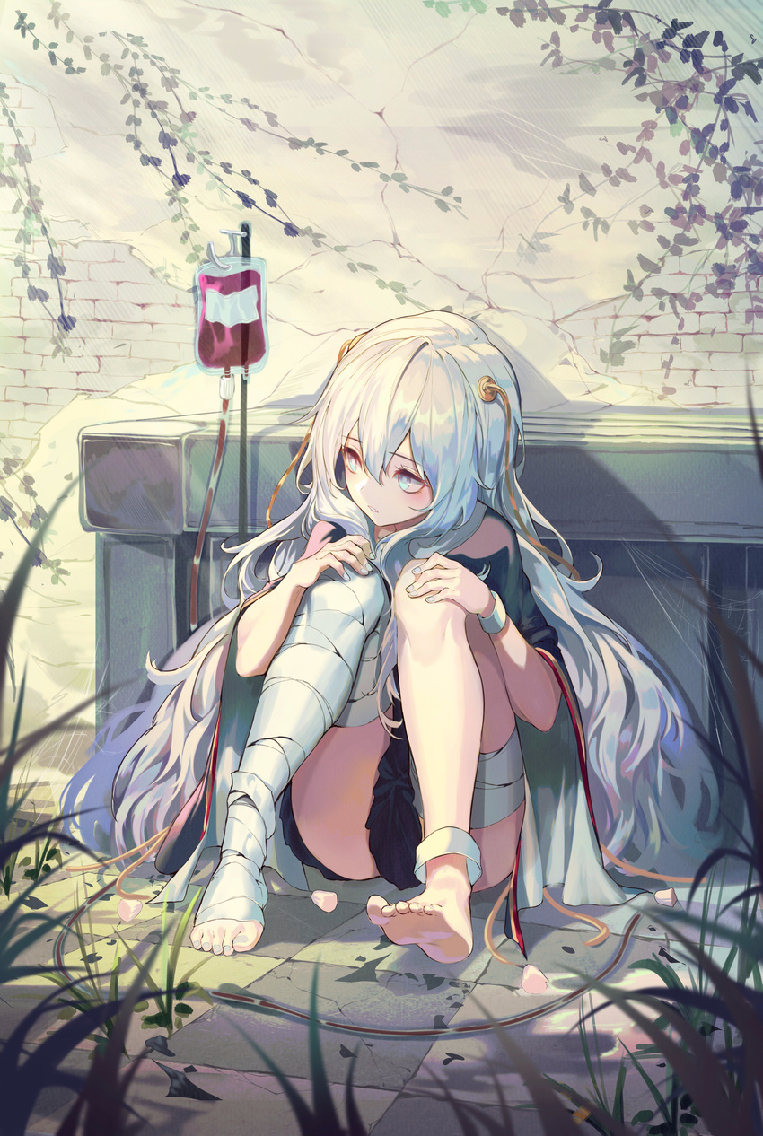 absurdres bandaged_leg bandages bangs barefoot blue_eyes blue_hair blush closed_mouth commentary_request feet full_body girls_frontline grass hair_between_eyes hands_on_own_knees highres intravenous_drip knees_up leg_hug long_hair looking_to_the_side multicolored_hair no_shoes outdoors overgrown plant pro-p ribeyrolles_1918_(girls_frontline) shiny shiny_hair sidelocks silver_hair sitting soles solo thighs toes very_long_hair vines wavy_hair white_hair wristband