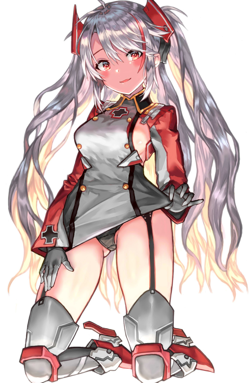 1girl armored_boots asymmetrical_bangs azur_lane bangs black_gloves black_panties blush boots breasts denchu_(kazudentyu) dress full_body garter_straps gloves headpiece highres iron_cross kneeling long_hair long_sleeves looking_at_viewer medium_breasts military military_uniform multicolored_hair open_mouth panties pantyshot pantyshot_(kneeling) prinz_eugen_(azur_lane) red_eyes red_hair short_dress sideboob silver_hair simple_background smile solo thigh_boots thighhighs twintails two-tone_hair underwear uniform white_background