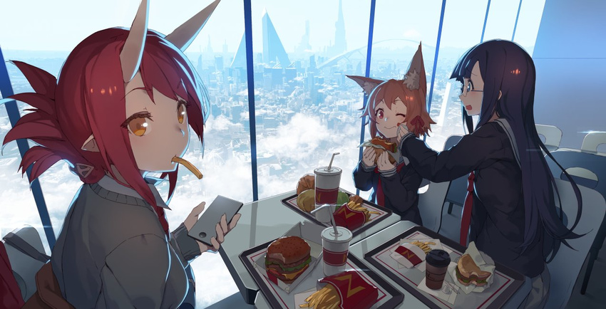 animal_ears bangs bendy_straw black_serafuku black_shirt blue_eyes blush cardigan cellphone chair cityscape coffee_cup cup disposable_cup drinking_straw eyebrows_visible_through_hair fast_food folded_ponytail food food_in_mouth fox_ears french_fries glasses hamburger holding holding_food holding_phone horns indoors izumi_sai long_hair long_sleeves looking_at_viewer looking_to_the_side mouth_hold multiple_girls napkin necktie one_eye_closed oni_horns orange_hair original phone pointy_ears purple_hair red_eyes red_hair red_neckwear sailor_collar school_uniform serafuku shirt sitting sleeves_past_wrists smartphone smile table tied_hair tray white_sailor_collar window wiping_mouth worried yellow_eyes
