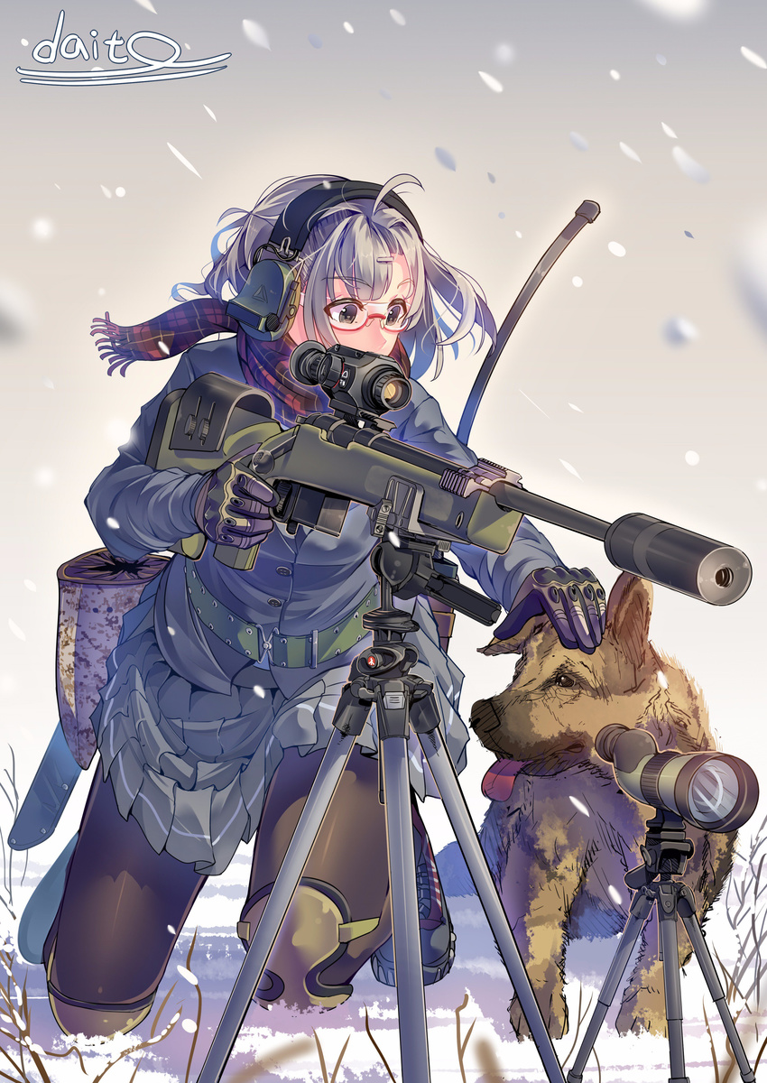 absurdres artist_name blazer bolt_action commentary_request daito dog glasses gloves grey_hair gun headphones highres holding holding_gun holding_weapon jacket knee_pads kneeling long_sleeves m40_rifle military original pantyhose petting plaid plaid_scarf pleated_skirt rifle scarf school_uniform scope semi-rimless_eyewear short_hair signature skirt sniper_rifle snow snowing spotting_scope suppressor tactical_clothes tongue tongue_out trigger_discipline tripod under-rim_eyewear uniform weapon wind
