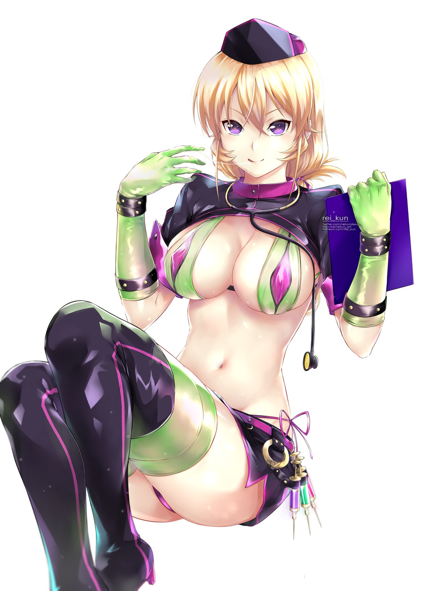 :q bikini blonde_hair blush boots breasts commentary cosplay covered_nipples fate/grand_order fate_(series) florence_nightingale_(fate/grand_order) florence_nightingale_(fate/grand_order)_(cosplay) gloves green_gloves green_legwear hair_between_eyes hat highres large_breasts long_hair looking_at_viewer nakiri_erina navel nurse_cap purple_eyes rei_kun revealing_clothes rubber_gloves saliva saliva_trail shokugeki_no_souma shrug_(clothing) simple_background solo stethoscope stomach swimsuit syringe thigh_boots thighhighs tongue tongue_out trick_or_treatment white_background