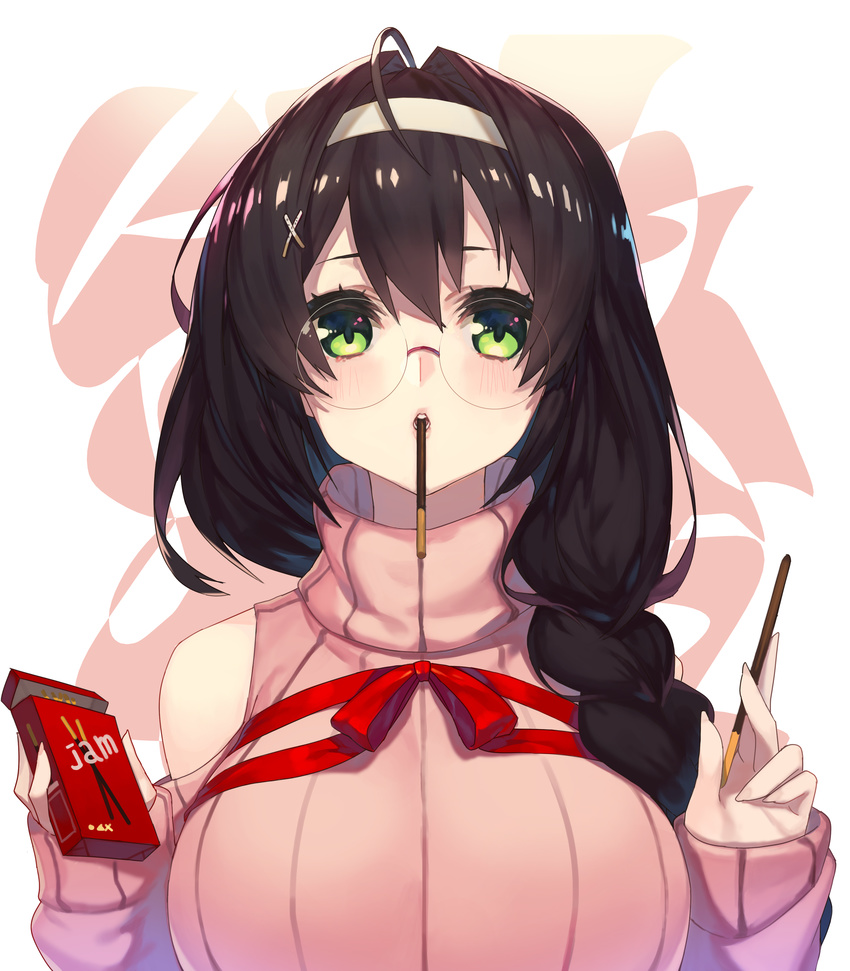 absurdres bangs black_hair blush braid breasts commentary food glasses green_eyes hair_between_eyes hair_ornament hair_over_shoulder hairband hands_up highres holding holding_food jam_(nandade) large_breasts long_hair looking_at_viewer mouth_hold original pink_sweater pocky pocky_day red_ribbon ribbed_sweater ribbon rimless_eyewear round_eyewear side_braid sleeves_past_wrists solo sweater tareme teeth turtleneck turtleneck_sweater upper_body x_hair_ornament