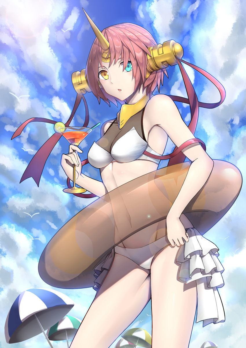 absurdres beach beach_umbrella bird blue_eyes cloud cloudy_sky cocktail commentary_request cup day drinking_glass drinking_straw eyes fate/grand_order fate_(series) frankenstein's_monster_(fate) frankenstein's_monster_(swimsuit_saber)_(fate) heterochromia highres horns innertube lime_slice orange_eyes outdoors red_hair seagull sky solo swimsuit umbrella yan_mian