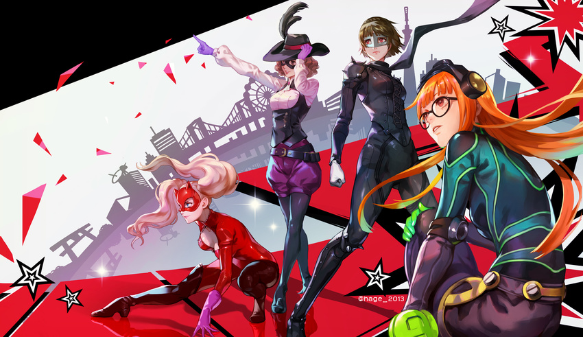 black_legwear blonde_hair blue_eyes brown_hair closed_mouth commentary domino_mask glasses hat headphones highres long_hair mask multiple_girls niijima_makoto okumura_haru orange_hair pantyhose parted_lips persona persona_5 sae_(revirth) sakura_futaba scarf short_hair takamaki_anne twintails twitter_username