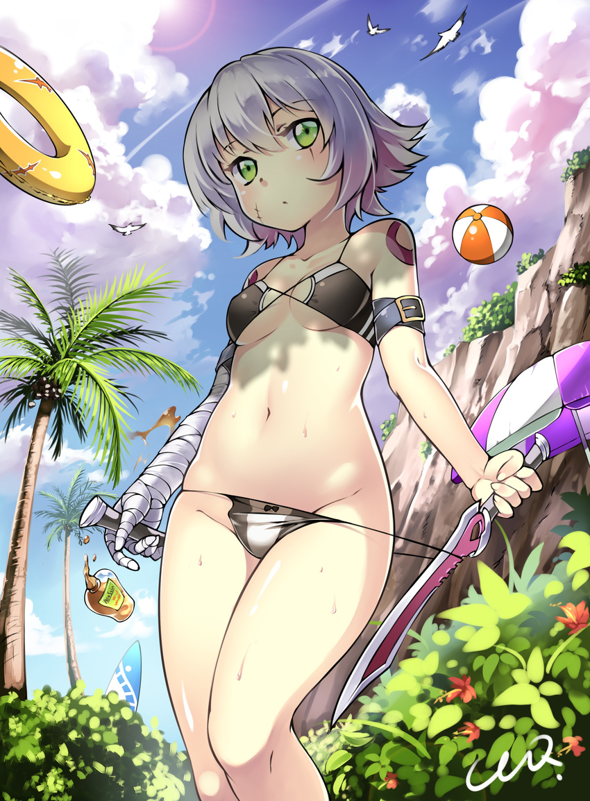 assassin_of_black_(fate/apocrypha) bandages bikini ccq fate/apocrypha fate/stay_night panty_pull swimsuits tattoo underboob undressing weapon
