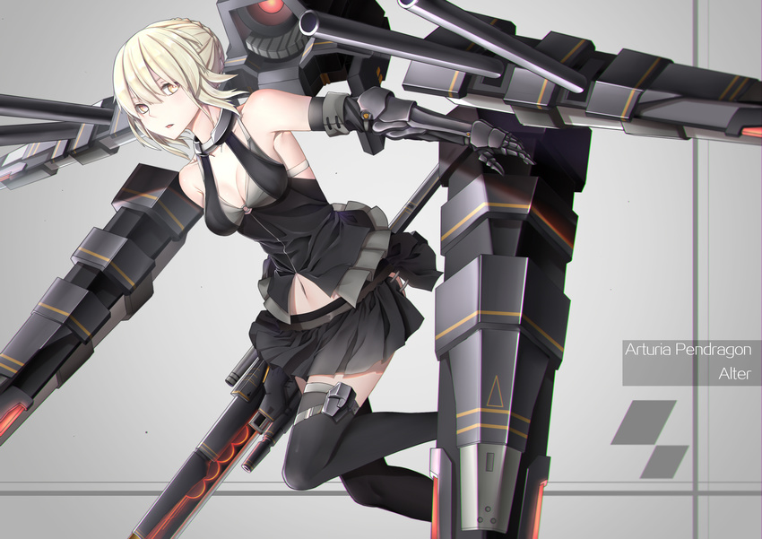 absurdres alternate_costume artoria_pendragon_(all) black_legwear blonde_hair breasts cleavage commentary_request fate/grand_order fate_(series) grey_background hair_bun highres mecha_musume mechanical_arm medium_breasts navel saber_alter skirt solo thighhighs yan_mian yellow_eyes zettai_ryouiki