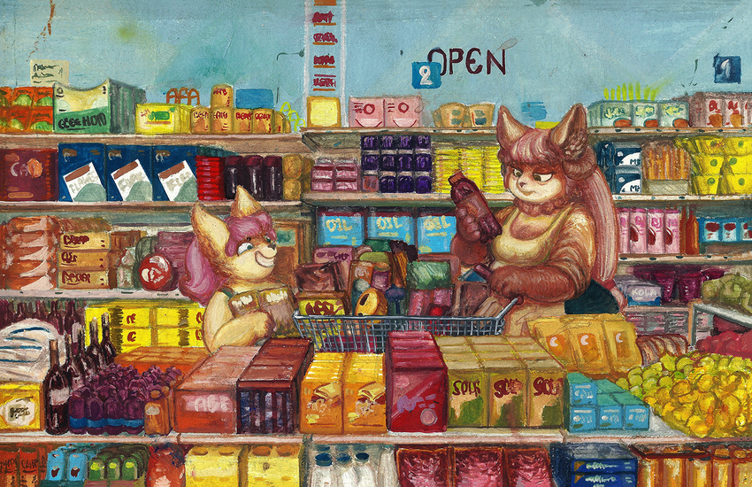 2017 anthro arkomeda big_breasts blush breasts butt clothed clothing cub duo female food fur gouache hair hi_res male mammal open_mouth public shirt supermarket traditional_media_(artwork) young