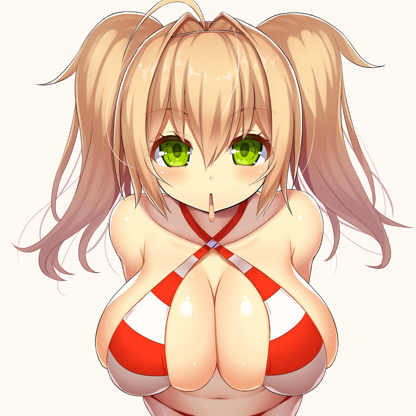 ahoge arms_behind_back asamura_hiori bangs bare_shoulders bikini blonde_hair blush breasts cleavage collarbone criss-cross_halter eyebrows_visible_through_hair fate/grand_order fate_(series) food from_above green_eyes hair_between_eyes halterneck highres incoming_pocky_kiss large_breasts long_hair looking_at_viewer looking_up mouth_hold navel nero_claudius_(fate)_(all) nero_claudius_(swimsuit_caster)_(fate) pocky pocky_day pocky_kiss red_bikini shared_food shiny shiny_skin simple_background skindentation solo striped striped_bikini swimsuit tareme twintails yellow_background