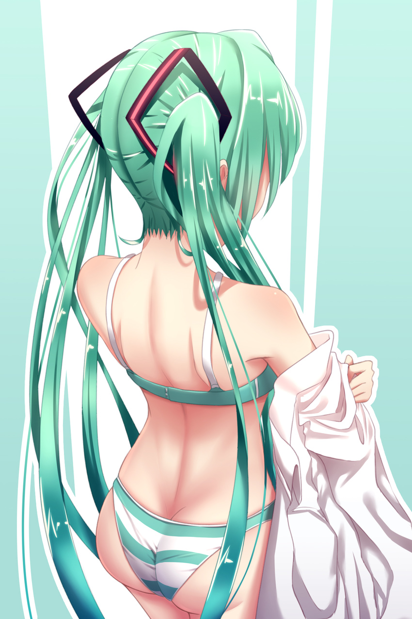 aqua_bra ass back bare_shoulders body_blush bra butt_crack cowboy_shot facing_away from_behind geduan green_eyes green_hair hair_ornament hatsune_miku highres long_hair nape off_shoulder panties revision shiny shiny_hair shirt shoulder_blades solo standing striped striped_panties twintails two-tone_background underwear undressing very_long_hair vocaloid white_shirt
