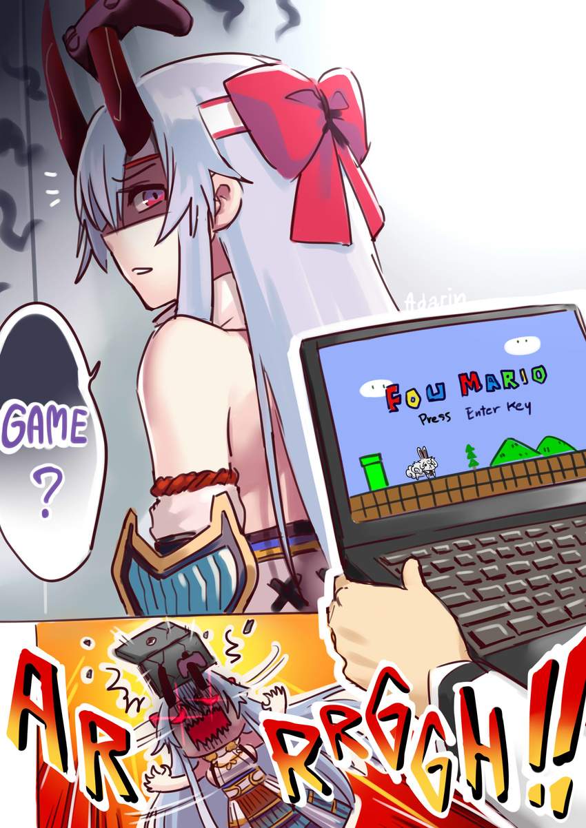 absurdres adarin armor comic commentary computer controller english fate/grand_order fate_(series) fou_(fate/grand_order) gameplay_mechanics hair_between_eyes hair_ribbon headband highres holding horns japanese_armor japanese_clothes laptop long_hair mario_(series) oni_horns open_mouth parody ragequit red_eyes ribbon silver_hair sketch super_mario_bros. tomoe_gozen_(fate/grand_order)