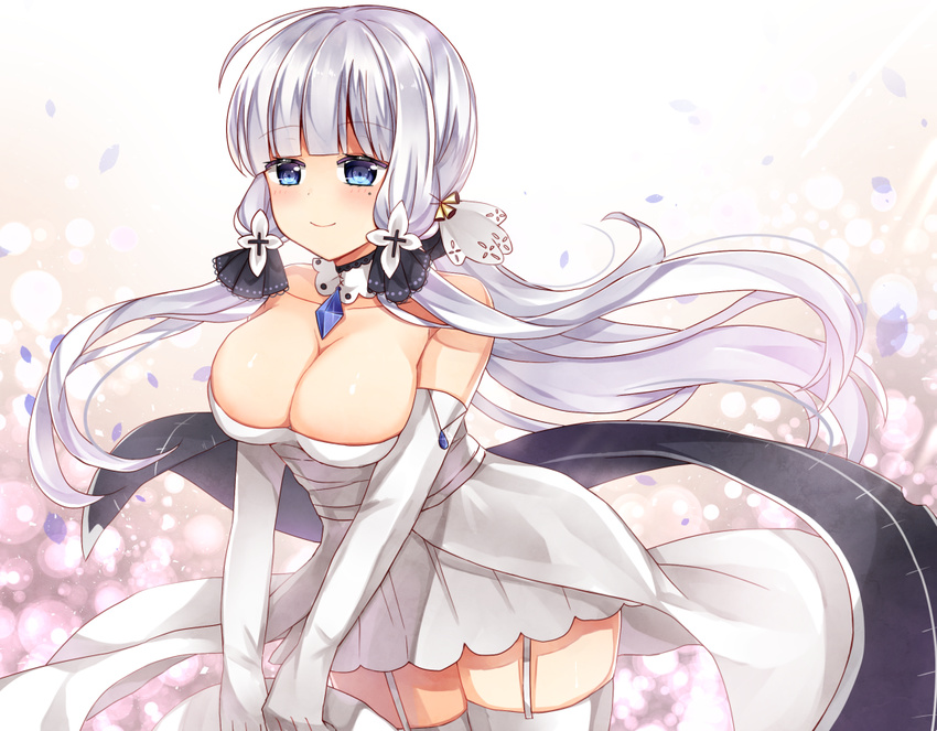 ahoge azur_lane blue_eyes breasts cleavage collarbone commentary_request dress elbow_gloves flight_deck garter_straps gloves hair_tubes hat hat_removed headwear_removed holding holding_hat illustrious_(azur_lane) large_breasts leaning_forward long_hair looking_at_viewer mole mole_under_eye off-shoulder_dress off_shoulder shikino_(sikinonono) silver_hair smile solo thighhighs tri_tails white_dress white_legwear