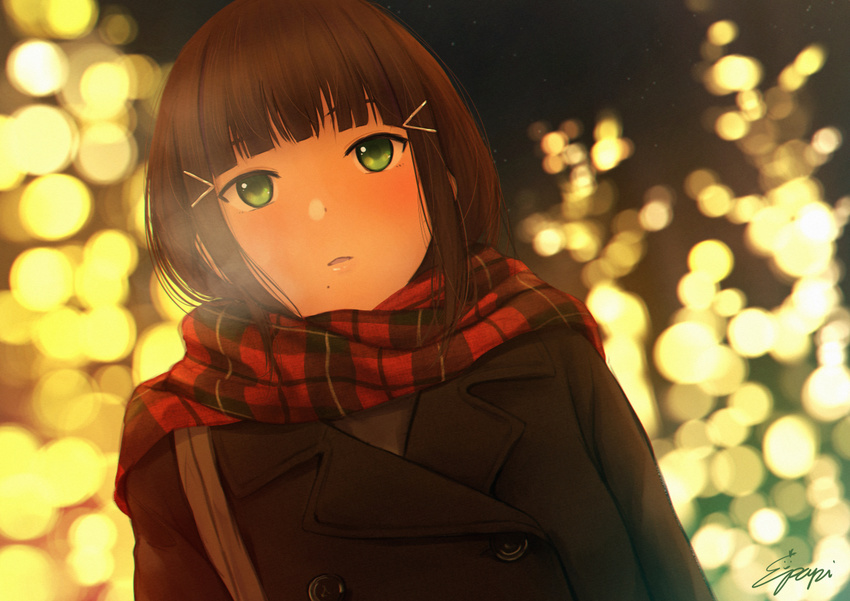 backlighting bag bangs black_coat black_hair blunt_bangs blurry blush bokeh breath buttons coat depth_of_field double-breasted dutch_angle enpera from_below green_eyes hair_ornament hairclip kurosawa_dia lips long_hair love_live! love_live!_sunshine!! mole mole_under_mouth outdoors papi_(papiron100) parted_lips plaid plaid_scarf red_scarf scarf shoulder_bag signature solo upper_body winter winter_clothes winter_coat
