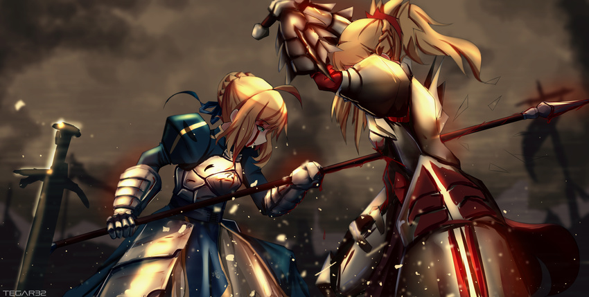 absurdres ahoge armor armored_dress arms_up artbook artoria_pendragon_(all) backlighting battle battlefield blonde_hair blood blood_on_face blue_dress breastplate broken_arrow clarent commentary dress duel fate/apocrypha fate/stay_night fate_(series) faulds fine_art_parody from_side gauntlets greaves hair_bun hair_ribbon highres holding holding_sword holding_weapon impaled juliet_sleeves leaning_forward long_sleeves looking_at_another looking_down mordred_(fate) mordred_(fate)_(all) mother_and_daughter multiple_girls open_mouth outdoors page_number parody pauldrons planted_sword planted_weapon polearm puffy_sleeves red_dress ribbon saber scan short_hair sidelocks skirt spear spoilers standing sword tegar32 two-handed weapon