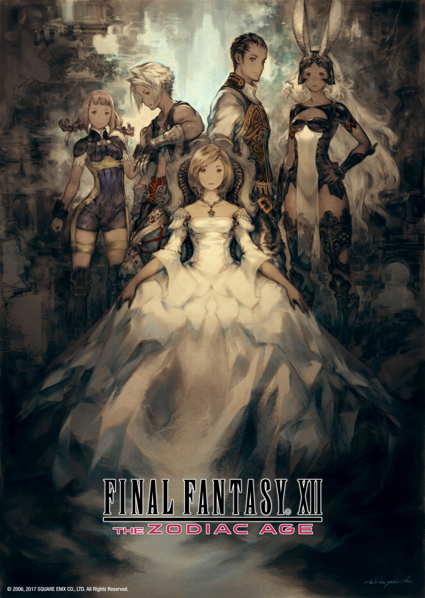 2boys 3girls absurdres animal_ears arm_rest ashelia_b'nargin_dalmasca balflear bracer brown_hair bunny_ears chair copyright_name dress final_fantasy final_fantasy_xii fran gauntlets hand_on_another's_shoulder hand_on_hip highres incredibly_absurdres jewelry long_hair looking_at_viewer low_twintails multiple_boys multiple_girls necklace official_art pelvic_curtain penelo short_hair sleeveless smile square_enix thighhighs twintails vaan very_long_hair vest white_dress white_hair yoshida_akihiko