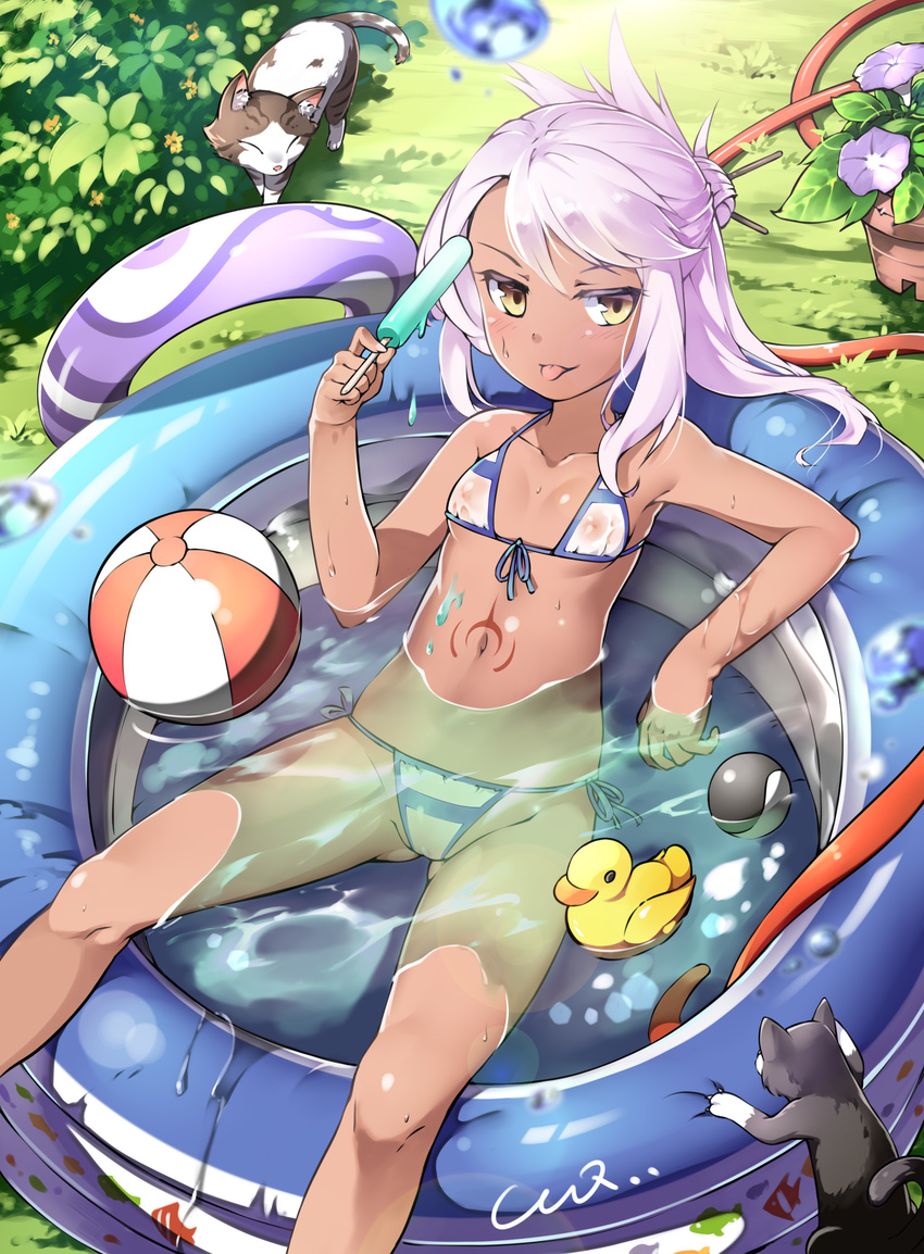 :p absurdres animal arm_support armpits ass_visible_through_thighs ball bare_arms bare_legs bare_shoulders bathing beachball bikini blue_bikini blush breasts bush cat ccq chloe_von_einzbern claws collarbone dark_skin day fate/kaleid_liner_prisma_illya fate_(series) flower_pot food from_above grass groin hair_bun highres holding holding_food innertube long_hair looking_at_viewer lying navel nipples on_back outdoors partially_submerged pink_hair plant popsicle potted_plant rubber_duck see-through side-tie_bikini signature small_breasts solo stomach stomach_tattoo string_bikini swimsuit tattoo thighs tongue tongue_out wading_pool water white_bikini yellow_eyes
