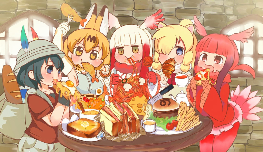 :t alpaca_ears alpaca_suri_(kemono_friends) animal_ears arm_up armpits backpack bacon bag baguette bangs belt black_gloves black_hair blonde_hair blue_eyes blunt_bangs blush bow bowtie bread butter cheese cherry_tomato commentary_request croissant cup eating egg elbow_gloves empty_eyes extra_ears flag food fork french_fries fried_egg frilled_sleeves frills fur_collar gloves gradient_hair grey_eyes hair_bun hair_over_one_eye hair_tie hamburger hat hat_feather head_wings helmet holding holding_cup holding_food holding_fork holding_pizza indoors japanese_crested_ibis_(kemono_friends) japari_symbol kaban_(kemono_friends) kemono_friends knife lettuce long_hair long_sleeves lucky_beast_(kemono_friends) miniskirt multicolored multicolored_clothes multicolored_gloves multicolored_hair multicolored_neckwear multiple_girls open_mouth pantyhose pasta pith_helmet pizza pleated_skirt print_neckwear red_eyes red_gloves red_hair red_legwear red_shirt red_skirt sandwich sausage scarlet_ibis_(kemono_friends) serval_(kemono_friends) serval_ears serval_print shirt short_hair short_sleeves shrimp shrimp_tempura skirt sleeveless slice_of_bread soup spaghetti stone_wall table tail_feathers tea teacup teapot tempura toraya_(kakebutonn) v-shaped_eyebrows wall white_gloves white_hair white_neckwear wide_sleeves window yellow_eyes yellow_gloves yellow_neckwear