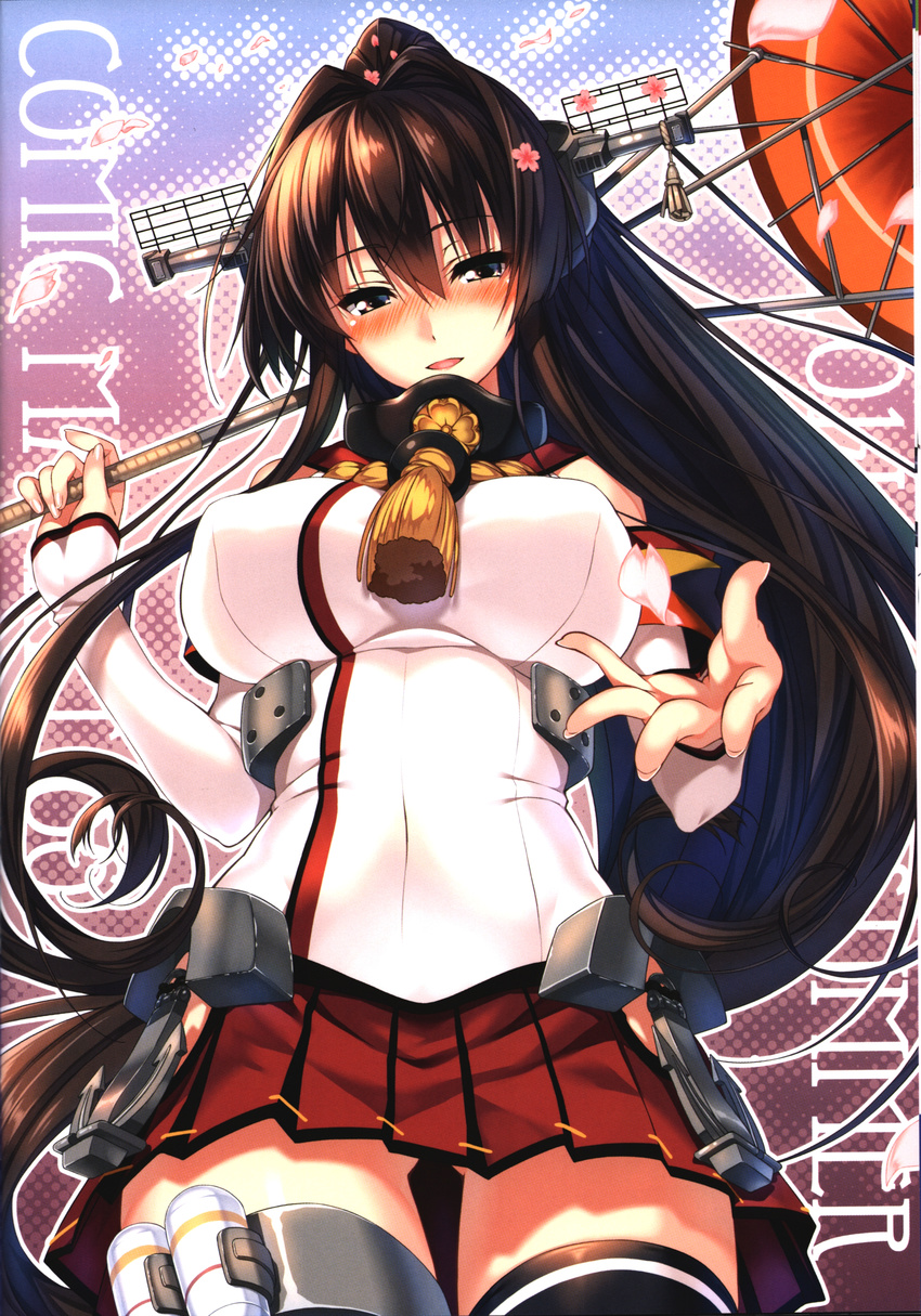absurdres anchor ass_visible_through_thighs bangs blush breasts brown_eyes brown_hair elbow_gloves eyebrows_visible_through_hair gloves hair_ornament headgear highres holding huge_filesize kantai_collection large_breasts long_hair looking_at_viewer miniskirt non-web_source open_mouth oriental_umbrella outstretched_hand petals piromizu pleated_skirt ponytail red_skirt scan simple_background skirt sleeveless smile solo thighhighs umbrella very_long_hair yamato_(kantai_collection) zettai_ryouiki