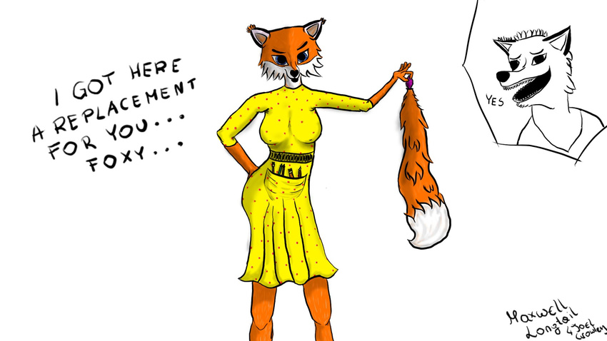 2017 anthro breasts buttplug canine clothed clothing digital_media_(artwork) english_text fantastic_mr_fox female fox fur hand_on_butt looking_at_viewer mammal mature_female mother mr._fox mrs_fox multidaxio nipples open_mouth parent sex_toy skirt text wife