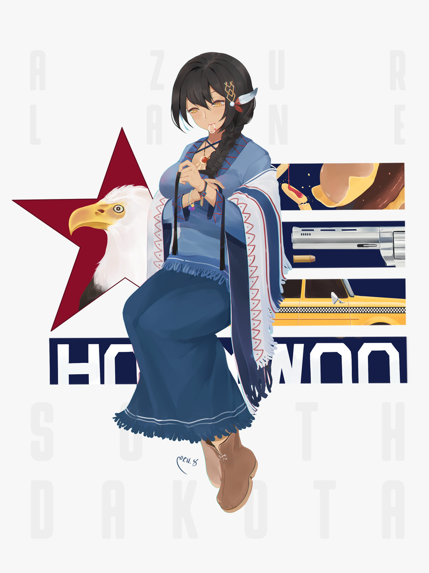 absurdres alternate_costume azur_lane bald_eagle bird black_hair bracelet braid braiding_hair breasts brown_eyes bullet character_name copyright_name dark_skin eagle feathers food french_fries gun hair_feathers hair_ornament hairclip hairdressing hamburger handgun highres jewelry large_breasts long_hair looking_down native_american necklace revolver single_braid sitting solo south_dakota_(azur_lane) taxi weapon yueguang_zhanglang