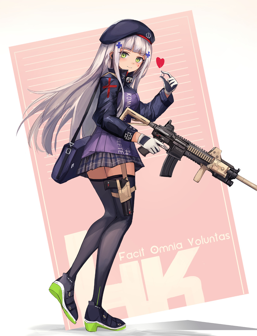 assault_rifle bag bangs beret black_legwear blunt_bangs blush closed_mouth commentary_request eruthika from_side full_body girls_frontline green_eyes gun hair_ornament handgun hat heart heckler_&amp;_koch highres hk416 hk416_(girls_frontline) holding holding_gun holding_weapon holster jacket jewelry long_hair looking_at_viewer looking_to_the_side plaid plaid_skirt rifle ring shoulder_bag silver_hair skirt smile solo standing thigh_holster thighhighs weapon wedding_ring