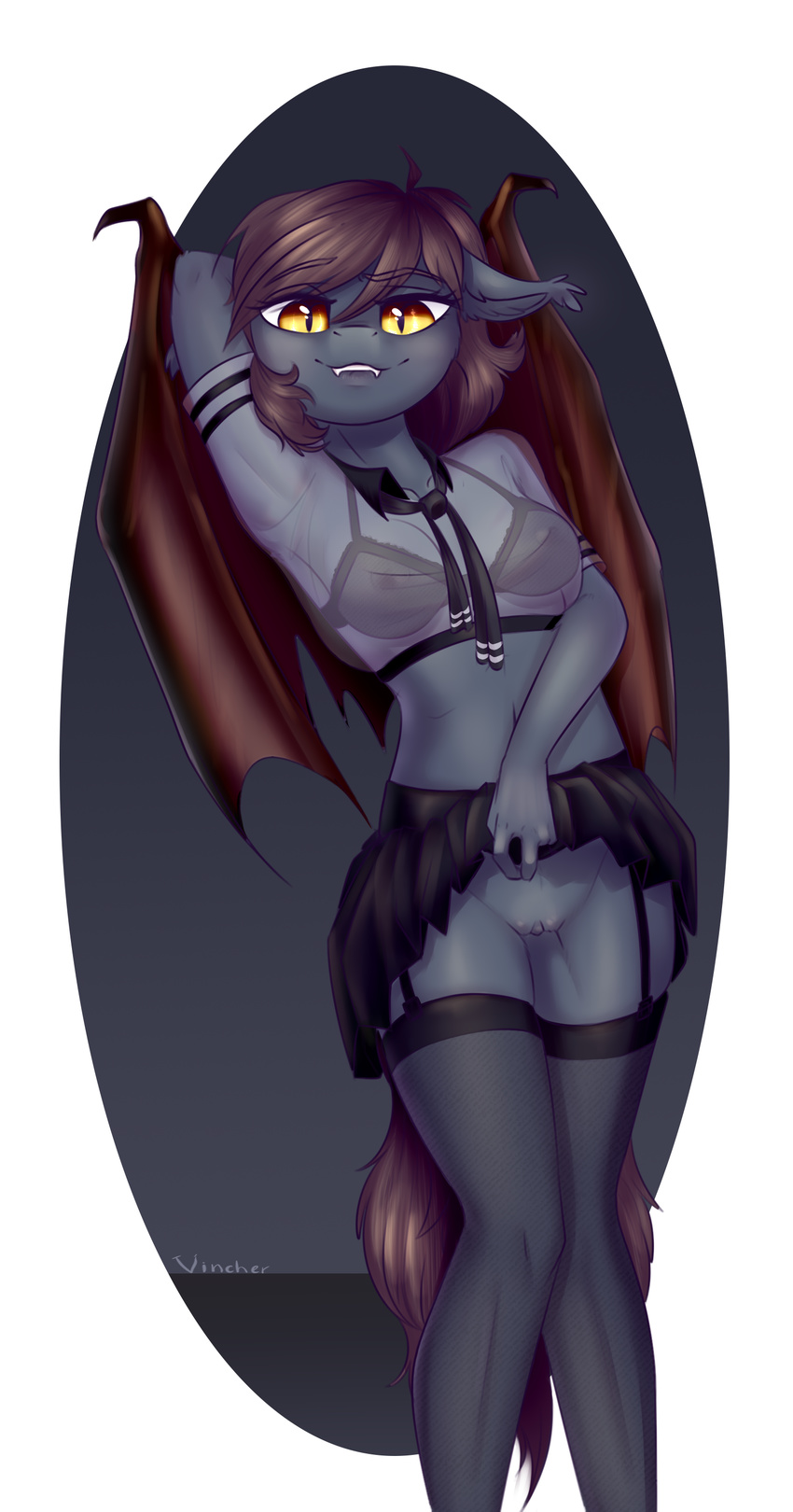 2017 anthro areola bat_pony biting_lip bottomless bra breasts clitoris clothed clothing clothing_lift equine erect_nipples fan_character female garter_straps legwear looking_at_viewer mammal membranous_wings my_little_pony navel nipples nude presenting presenting_pussy pussy shirt simple_background skirt skirt_lift smile solo stockings tank_top thigh_highs translucent transparent_clothing underwear vincher wings