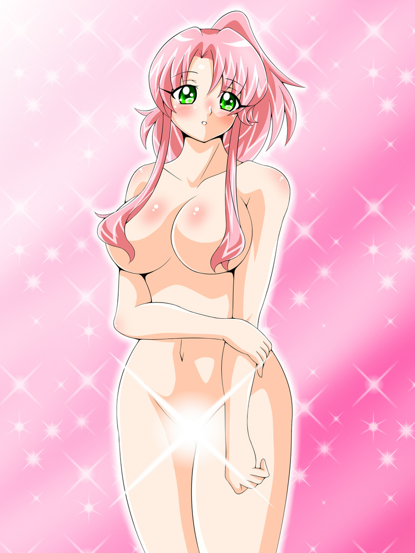 1girl blush breasts censored convenient_censoring glowing green_eyes hair_censor hair_over_breasts holding_arm inabakun00 large_breasts long_hair looking_at_viewer navel nude original parted_lips pink_background pink_hair ponytail rio_(inaba) solo sparkle standing