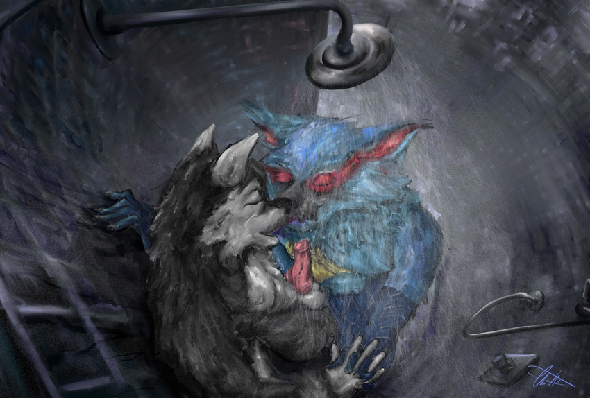 2015 5_fingers against_wall animal_genitalia animal_penis anthro anthro_on_anthro balls black_fur black_nose blue_fur canine canine_penis capcom dog duo erection eyes_closed fur grey_fur hand_holding high-angle_view husky killianwalker kissing male male/male mammal monster_hunter multicolored_fur nargacuga penis pink_fur red_penis romantic_couple shower showering standing two_tone_fur video_games water wet yellow_fur