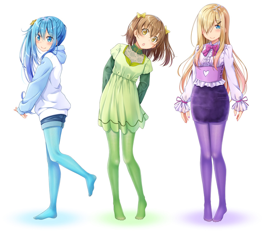:o ashida_machi bangs blonde_hair blouse blue_eyes blue_hair blue_legwear blue_shorts blush bow bowtie brown_hair center_frills closed_mouth collared_blouse color_coordination commentary corset dress eyebrows_visible_through_hair frills green_dress green_legwear green_shirt gurande_(g-size) hair_between_eyes hair_bow hair_ornament hair_over_one_eye hairclip head_tilt heart highres hood hood_down hoodie leaning_to_the_side long_hair long_sleeves looking_at_viewer looking_to_the_side multiple_girls no_shoes ooashi_ran original pantyhose parted_lips pencil_skirt purple_legwear purple_neckwear purple_skirt raglan_sleeves shirt short_dress short_shorts short_sleeves shorts side_ponytail simple_background skirt smile star star_hair_ornament two_side_up very_long_hair white_background white_blouse white_hoodie yellow_bow yellow_eyes yogiashi_touka