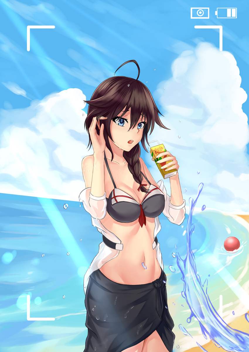 absurdres ahoge bendy_straw blue_eyes braid breasts brown_hair cleavage day drinking_straw fingernails groin hair_between_eyes hand_in_hair highres juice_box kantai_collection long_fingernails medium_breasts navel recording sarong shigure_(kantai_collection) short_hair single_braid solo sweat swimsuit swimsuit_under_clothes wowan_baihe_zenmeliao