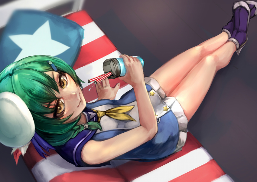 3: american_flag azur_lane bangs bare_arms bare_shoulders beret blue_dress braid breasts closed_mouth couch cup dress drinking_straw eyebrows feathers fingernails foote_(azur_lane) frilled_dress frills from_above green_hair hair_between_eyes hair_ornament hairclip hat hat_feather holding holding_cup legs legs_together long_hair looking_away menyuu mini_hat multicolored multicolored_clothes multicolored_dress neckerchief sailor_collar sailor_dress short_dress side_braid sitting small_breasts solo star tsurime two-tone_dress white_dress white_hat yellow_eyes yellow_neckwear