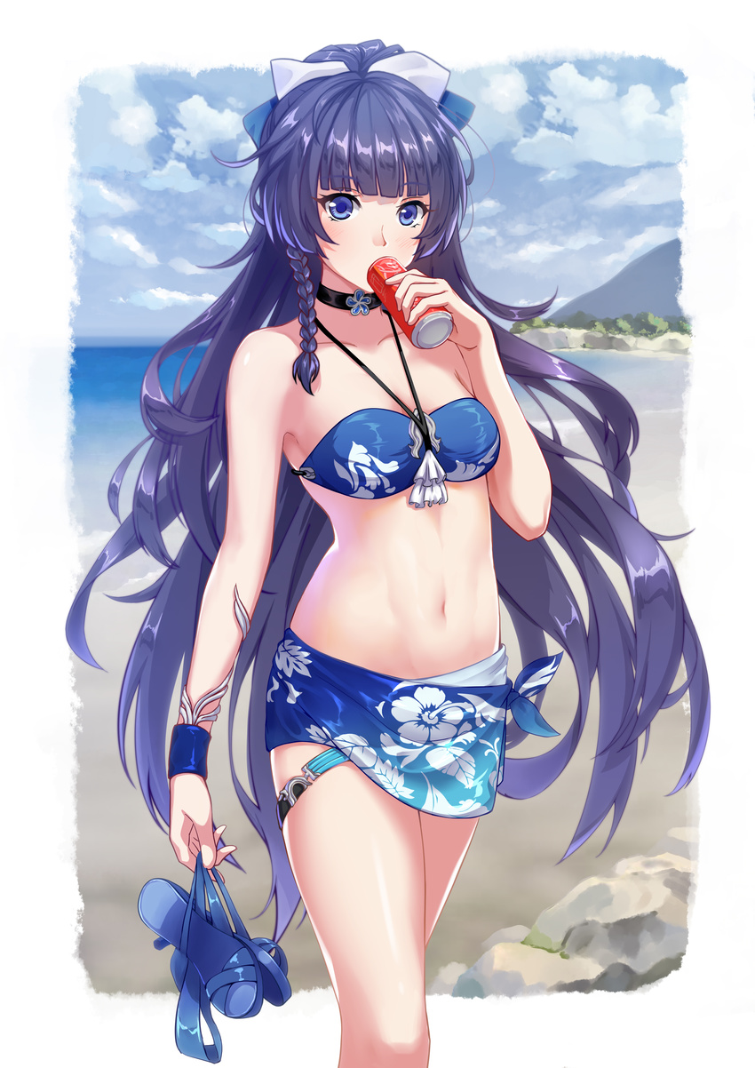 absurdres bangs bare_arms bare_shoulders beach benghuai_xueyuan bikini bikini_top blue_bikini blue_eyes blue_footwear blue_hair blunt_bangs blush braid breasts can cloud cloudy_sky collarbone cowboy_shot day drinking eyebrows_visible_through_hair hair_ribbon halterneck highres holding honkai_impact horizon lmf13007102 long_hair looking_at_viewer medium_breasts ocean outdoors outside_border ponytail raiden_mei ribbon sandals_removed sarong shiny shiny_skin shore single_braid sky soda_can solo standing swimsuit thighs very_long_hair white_ribbon wristband