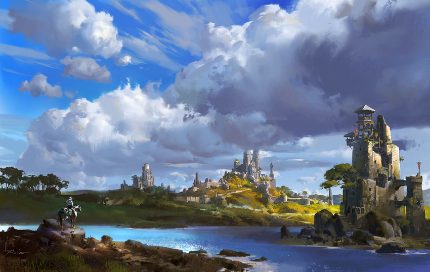 armor banner blue_sky breastplate castle cloud cloudy_sky commentary day forest full_armor grass helmet highres hill horse horseback_riding ling_xiang nature original outdoors plate_armor riding river saddle scenery signature sitting sky solo tower tree water