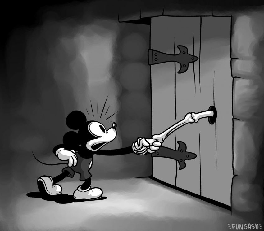 2017 ambiguous_gender animated_skeleton anthro biped bone clothed clothing digital_drawing_(artwork) digital_media_(artwork) disney door duo footwear fungasm gloves greyscale handshake humanoid_hands male mammal mickey_mouse monochrome mouse old_toon open_mouth pants rodent shocked shoes side_view skeleton solo_focus standing surprise thin_tail toony topless undead wide_eyed