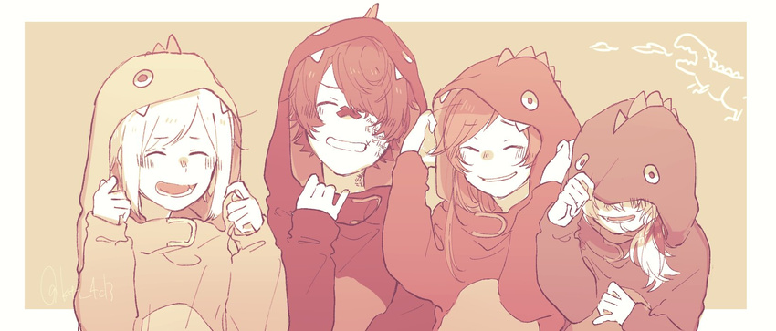 2girls bandaid bandaid_on_face brown_background closed_eyes cosplay covering_face dinosaur flower_(vocaloid) fukase hair_over_one_eye highres hood kigurumi long_hair mi_no_take monochrome multiple_boys multiple_girls sepia sf-a2_miki simple_background upper_body utatane_piko vocaloid
