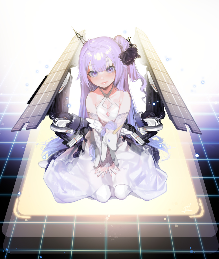 absurdres azur_lane bad_id bad_pixiv_id bangs bare_shoulders blunt_bangs blush breasts closed_mouth criss-cross_halter detached_sleeves dress eyebrows_visible_through_hair fingernails flight_deck halterneck highres long_hair looking_at_viewer machinery nail_polish no_shoes ohisashiburi pantyhose pink_nails purple_eyes purple_hair sitting small_breasts smile solo stuffed_alicorn stuffed_animal stuffed_toy unicorn_(azur_lane) v_arms very_long_hair wariza white_dress white_legwear