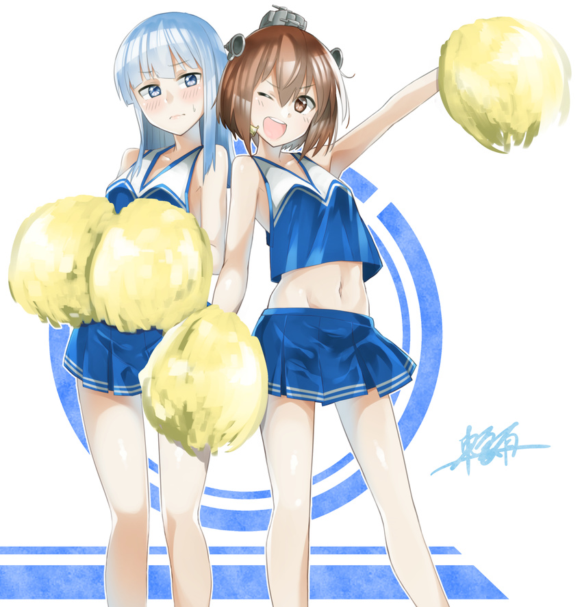 ;d alternate_costume arm_up bangs bare_arms bare_legs bare_shoulders blue_eyes blue_hair blue_skirt blush brown_eyes brown_hair cheerleader frown hatsukaze_(kantai_collection) headgear highres holding kantai_collection legs_apart long_hair looking_at_viewer miniskirt multiple_girls navel one_eye_closed open_mouth pleated_skirt pom_poms round_teeth shinonome_yuu sidelocks signature skirt sleeveless smile speaking_tube_headset stomach sweat teeth two-tone_background v-shaped_eyebrows wavy_mouth yukikaze_(kantai_collection)