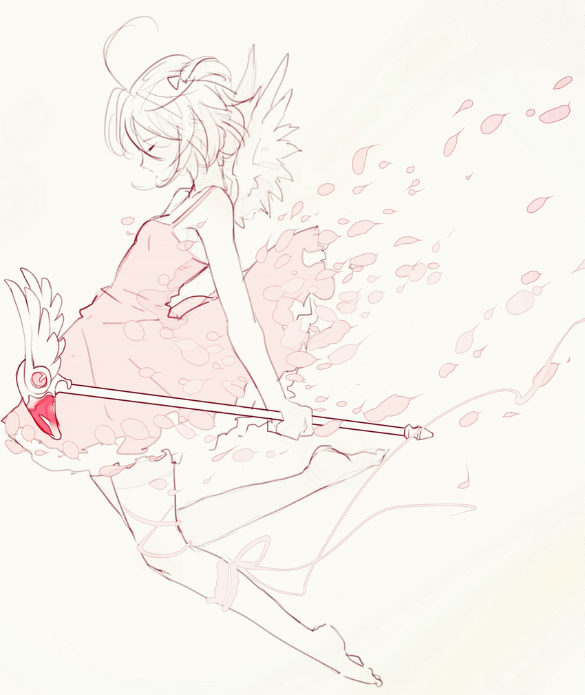 absurdres ahoge bare_arms bare_shoulders barefoot cardcaptor_sakura closed_eyes dress flying from_side full_body highres holding holding_wand kinomoto_sakura magical_girl miemia monochrome pink_background pink_dress profile short_hair sketch solo two_side_up wand