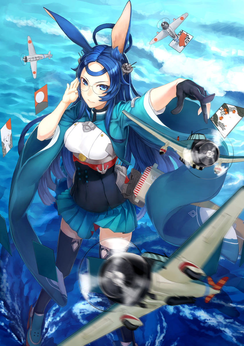 absurdres aircraft airplane anchor animal_ears azur_lane blue_eyes blue_hair bunny_ears card flight_deck glasses gloves hair_ornament highres japanese_clothes kaito_nina long_hair long_sleeves looking_at_viewer machinery mismatched_gloves pleated_skirt pointing skirt solo souryuu_(azur_lane) standing standing_on_liquid thighhighs wide_sleeves zettai_ryouiki