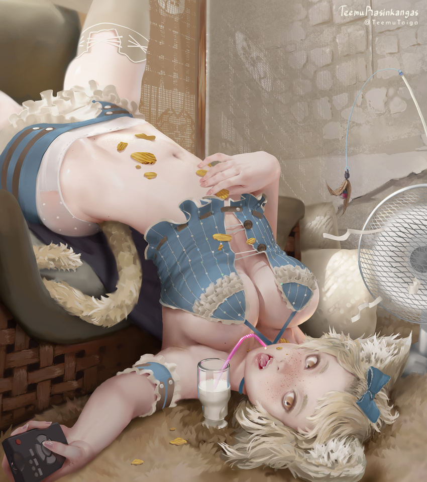 animal_ears arm_garter armchair artist_name bangs_pinned_back blonde_hair bow breasts brown_eyes carpet cat_ears cat_tail cat_teaser chair chips cleavage commentary controller crop_top cup cushion drinking_glass drinking_straw dripping electric_fan fangs fingernails food food_on_body foreshortening freckles frills grey_legwear hair_bow hand_on_own_stomach highres hip_bones holding indoors kisu_(teemu_rasinkangas) large_breasts long_fingernails looking_at_viewer messy midriff milk miniskirt navel no_bra open_mouth original outstretched_arms polka_dot remote_control revision silver_hair skirt sleeveless slit_pupils solo spaghetti_strap stomach strap_gap tail teemu_rasinkangas thighhighs tongue tongue_out twitter_username upside-down