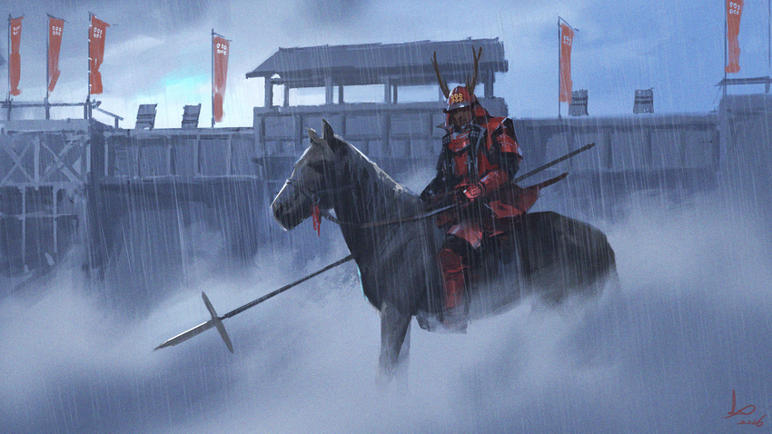 armor banner castle cloud cloudy_sky day fog gauntlets greaves helmet highres holding holding_reins holding_weapon horse horseback_riding japanese_armor ling_xiang male_focus original outdoors palisade polearm rain reins riding saddle signature sky solo weapon
